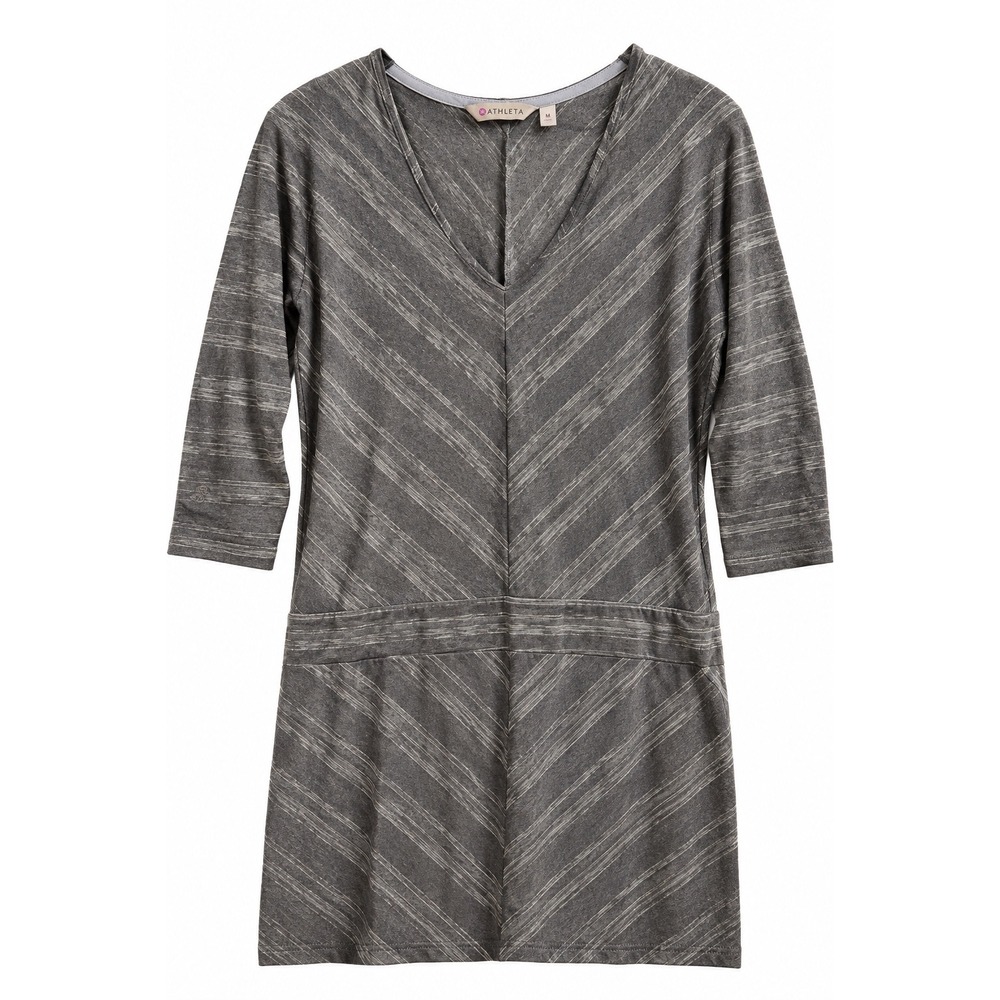 Athleta Santorini Dress Gray Space Dye Stripe V-Neck Drop Waist 3/4 Sleeve M